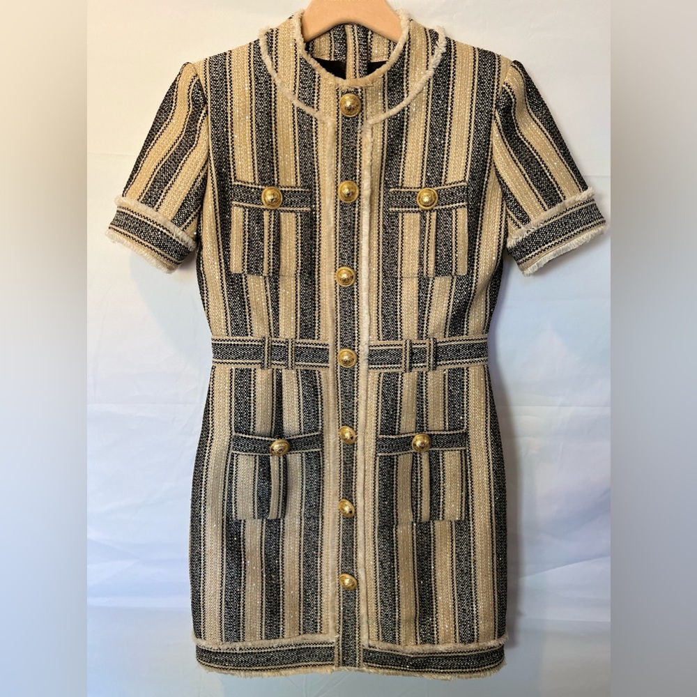Balmain Embellished striped tweed mini dress